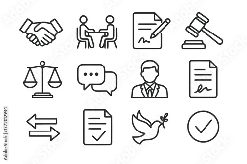 Dispute Resolution Icons. Dispute Resolution. Line icon set of Dispute Resolution: handshake, mediation table, agreement file, arbitration gavel, scale,