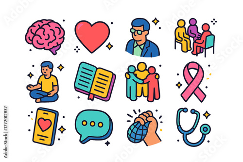Emotional Health Icons. Emotional health. Colorful isometric vector icons set of emotional health: brain, heart, therapist, counseling session, mindfulness,