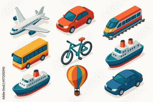 Colorful Travel Icons. travel icons. Colorful isometric vector icons set of travel icons: airplanes, cars, trains, buses, bicycles, ships, hot air balloons