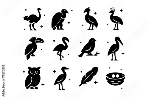 Savanna Bird Icons. Savanna Birds. Solid icons set of Savanna Birds: ostrich, vulture, secretary bird, crowned crane, hornbill, flamingo, weaver bird, stork,