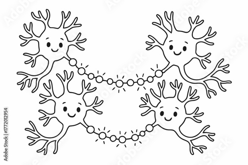 Neurons Coloring Adventure. Brain connections children?s coloring book illustration, outlined drawing, a group of friendly neuron characters linking together