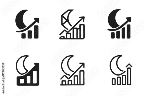 Sleep Recovery Logos. Sleep and recovery. Set Logo of Sleep and recovery: crescent moon over recovery graph. harmonious logo variations of the same emblematic