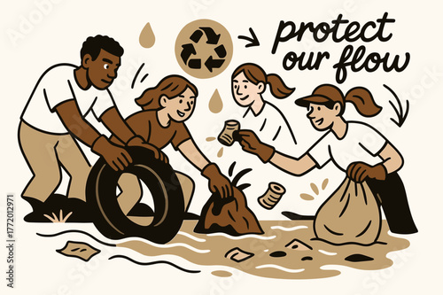 River Cleanup Action. River Ecosystem ? River Cleanup. Volunteers lift debris with gloved hands; floating icons of recycling and water drops circle around.