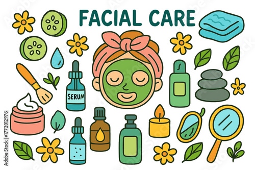 Facial Care Essentials. facial care. Colorful Hand-drawn doodle Children illustration facial care face mask, cucumber slices, headband, towel, cream jar,