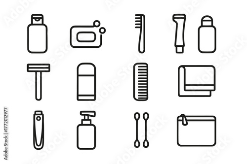 Universal Toiletry Icons. Universal Toiletries. Line icon set of universal toiletries: shampoo bottle, soap bar, toothbrush, toothpaste, safety