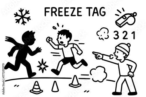 Freeze Tag Fun. Freeze tag. Hand-drawn doodle illustration freeze tag frozen pose silhouette, ice crystal symbol, children mid-run, tagger pointing, motion