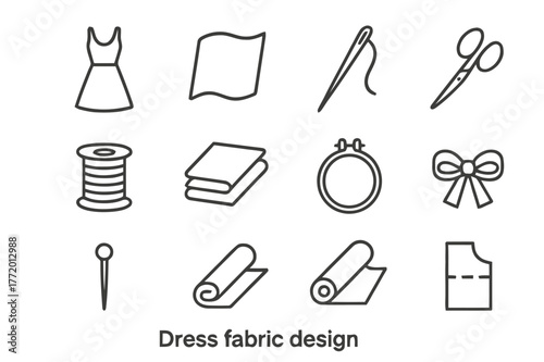 Dress Design Icons. Dress fabric design. Line icon set of dress fabric design: dress silhouette, organza fabric, sewing needle, thread, scissors, spool of