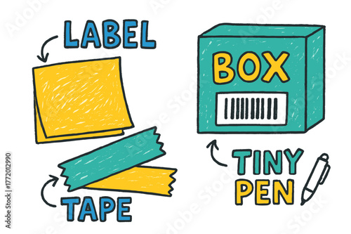 Colorful Doodle Labels. Label & Box ? Doodle / Sketch; playful hand-drawn letters with rough outlines and arrows; casual offset stacking; colored lettering