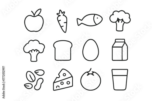 Dietary Icons Grid. Dietary variety. Line icon set of dietary variety: apple, carrot, fish, chicken drumstick, broccoli, bread slice, egg, milk carton, nuts,