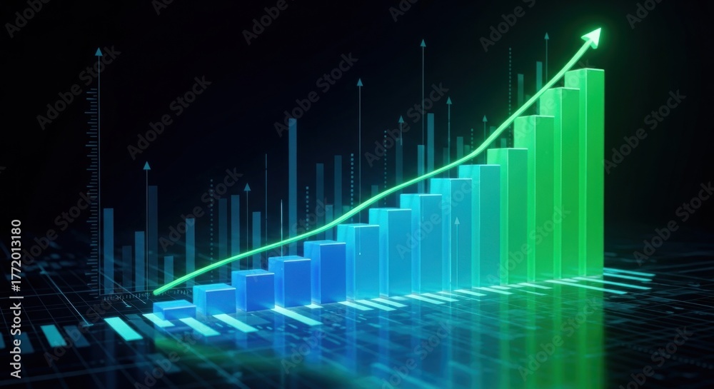 Fototapeta premium A 3D graph shows a rising trend with ascending bars and a glowing green arrow