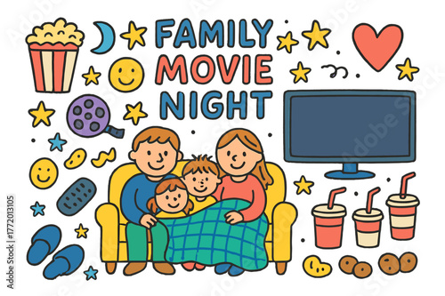 Family Movie Night. Family movie night. Colorful Hand-drawn doodle Children illustration Family movie night popcorn bowl, TV screen, couch, blanket, remote