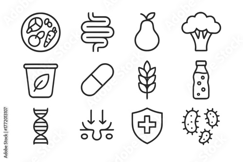 Microbiome Nutrition Icons. Microbiome and nutrition. Line icon set of microbiome nutrition: healthy plate, gut, fruit, vegetable, yogurt, capsule, grain,
