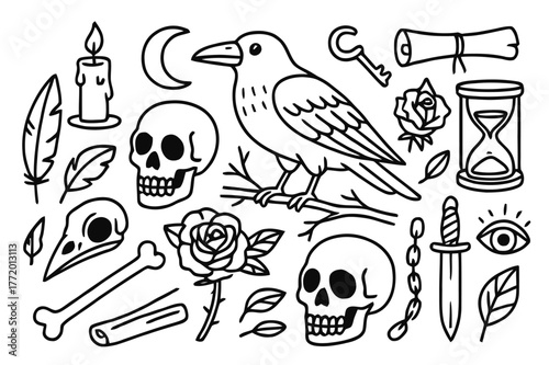 Raven and Skulls Illustration. Raven and skulls. Hand-drawn doodle illustration Raven and skulls human skull, crow skull, feather, candle, bone, rose, branch,