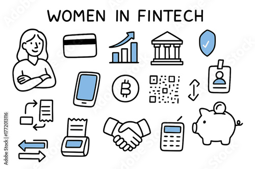 Women in Fintech Doodles. // Women in fintech. Hand-drawn doodle illustration Women in fintech [credit card (accented), mobile wallet (accented), crypto coin,
