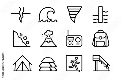 Natural Disaster Icons. Natural Disaster Response. Line icon set of Natural Disaster Response: earthquake crack, tsunami wave, tornado funnel, flood level