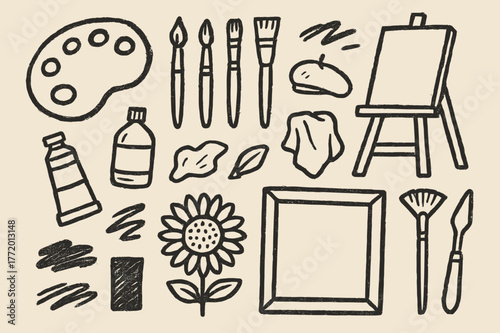 Art Supplies Icons. Oil painting. Hand-drawn doodle illustration oil painting palette, brush set, easel, tube of paint, canvas, solvent bottle, rag, painter?s