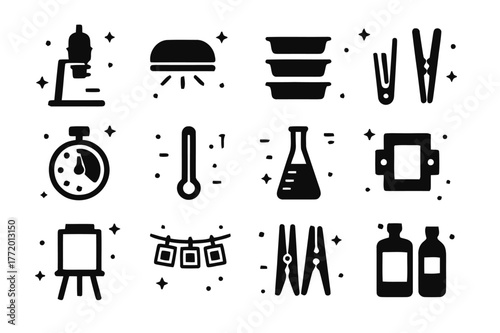 Darkroom Tools Icons. Darkroom Tools. Solid icons set of Darkroom Tools: enlarger, safe light, trays, tongs, timer, thermometer, graduated cylinder, negative