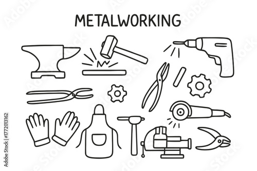 Metalworking Tools Doodle. Metalworking. Hand-drawn doodle illustration metalworking anvil, hammer, sparks, welding torch, tongs, steel rod, gear, vise,
