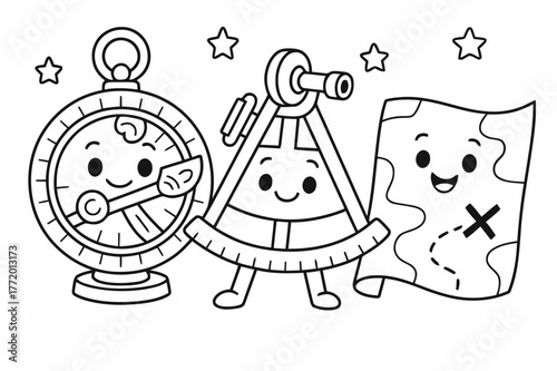 Historic Navigation Tools. Navigation tools of the past children?s coloring book illustration, outlined drawing, friendly cartoon versions of an astrolabe,