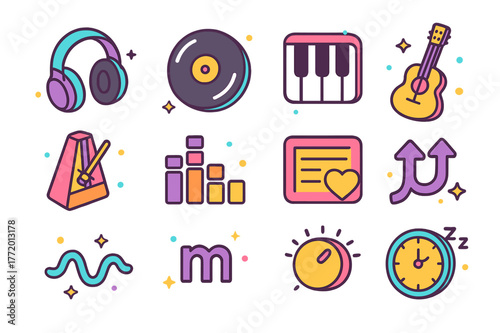 Colorful Music Icons. Music and mood. Colorful isometric vector icons set of music and mood: headphones, vinyl record, piano keys, guitar, metronome, equalizer