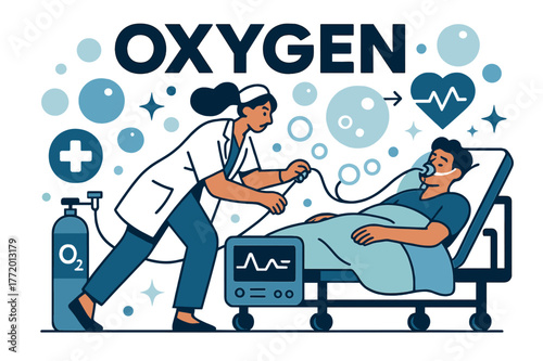 Oxygen Life Support Illustration. Oxygen. Oxygen supply in hospital ICU with abstract floating bubbles, icons, and sparkles; emphasizes healthcare,