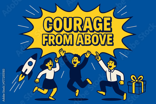 Courage From Above. Courage from Above banner, flat vector illustration, bold oversized text inside comic burst, cartoon characters jumping and pointing upward