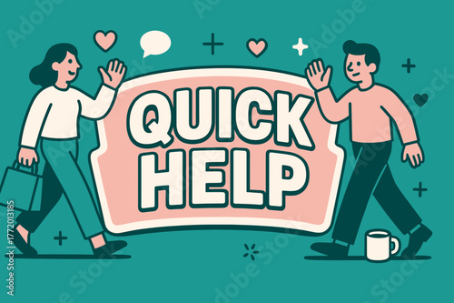 Quick Help Banner. Quick Help, Mary banner, flat vector illustration, bold oversized text inside sticker outline banner, cartoon characters walking and waving