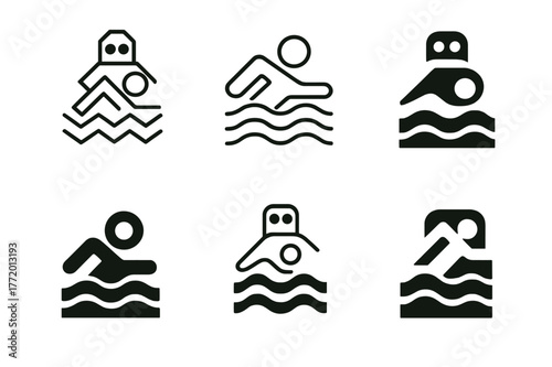 Swim Tracker Logos. Swim tracking. Set Logo of Swim tracking: swimmer lane icon with lap counter. harmonious logo variations of the same emblematic concept,