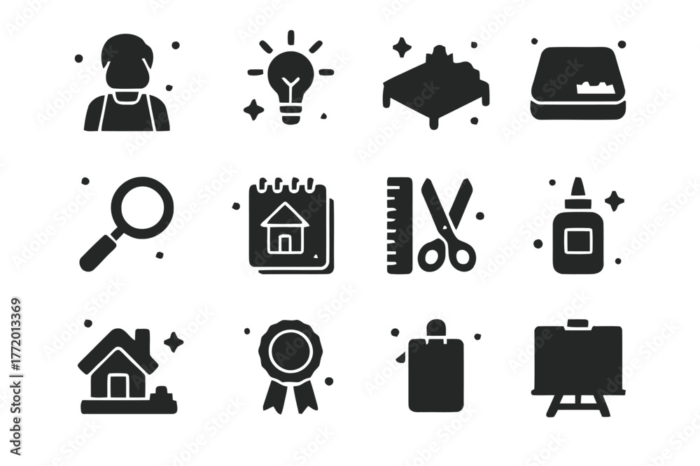 Fototapeta premium LEGO Creativity Icons. LEGO Creativity Workshop. Solid icons set of LEGO Creativity Workshop: instructor figure, lightbulb icon, build table, tray of bricks,