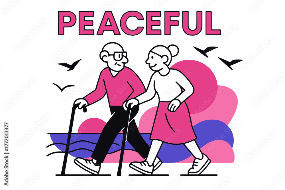 Obraz premium Peaceful Seaside Stroll. Old age ? Sunset seaside walk. Canes and sneakers step in rhythm; gulls reduce to triangle kites over rolling lines. The