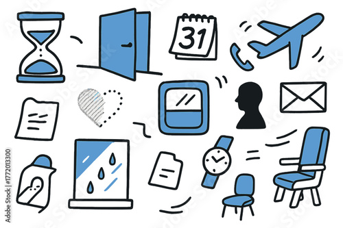 Lost Opportunities Symbols. // Lost chance. Hand-drawn doodle illustration lost chance [hourglass (accented), door closing (accented), calendar page torn,