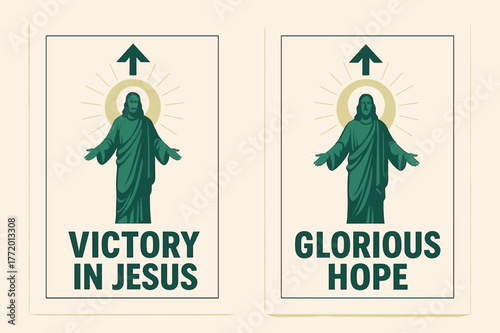 Victory and Hope Banners. Risen Lord. Two vertical A6 banners with safe margins, centered composition, no elements touching edges, modern, emerald and ivory,