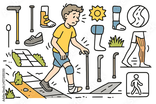 Careful Walking Journey. Careful step. Hand-drawn doodle illustration person walking (colored), uneven stride (colored), crutch (colored), cane (colored),