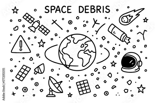 Space Debris Doodle. Space debris. Hand-drawn doodle illustration space debris satellite, rocket fragment, broken antenna, orbit path, Earth, space junk