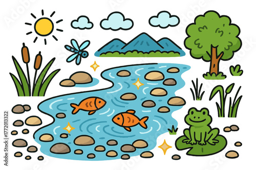 Colorful River Scene. Clear river. Colorful Hand-drawn doodle Children illustration Clear river flowing water, smooth stones, fish, reeds, dragonfly, sunlight