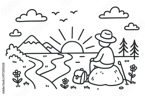 Tranquil Sunset Hike. Peaceful Sunset. Hand-drawn doodle illustration Peaceful Sunset person on rock, sunset, mountains, river, clouds, trees, backpack,