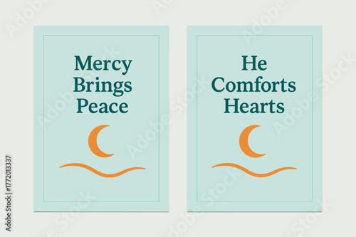 Mercy and Calm Banners. Mercy & Calm. Two vertical A6 banners with safe margins, centered composition, no elements touching edges, minimal, turquoise and