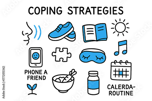 Coping Strategies Icons. // Coping strategies. Hand-drawn doodle illustration Coping strategies [breathing icon (accented), walking shoes (accented), journal