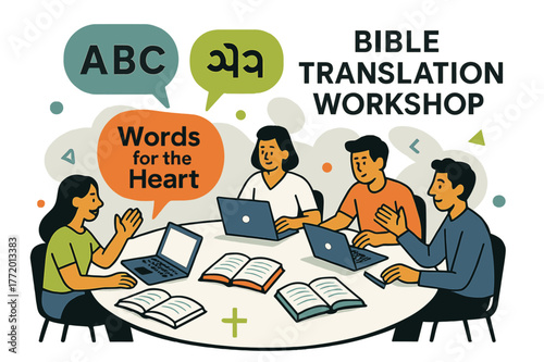 Translating Words to Heart. Bible Translation Workshop. Laptops and open books circle a table; speech bubbles show ?A, B, C? shifting into local script. A soft