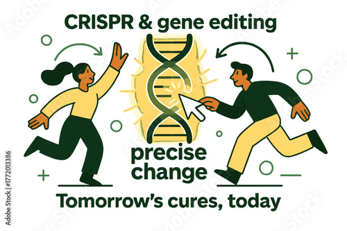 CRISPR Precision Editing. CRISPR & gene editing. A glowing DNA strand clicks into place as a gentle cursor icon selects a corrected segment; caption ?precise