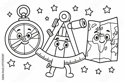 Historic Navigation Tools. Navigation tools of the past children?s coloring book illustration, outlined drawing, friendly cartoon versions of an astrolabe,