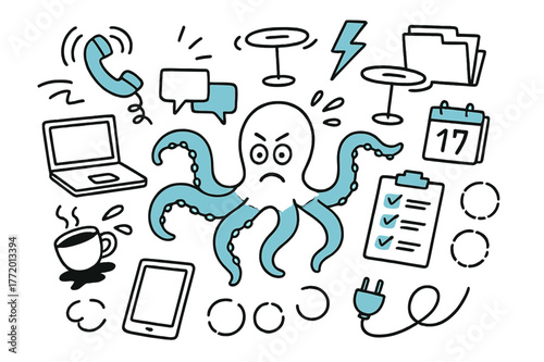 Multitasking Chaos Doodle. // Multitasking chaos. Hand-drawn doodle illustration Multitasking chaos [octopus arms (accented), phone ringing (accented), laptop,