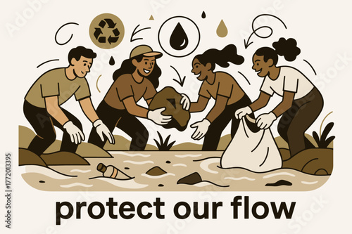 River Cleanup Action. River Ecosystem ? River Cleanup. Volunteers lift debris with gloved hands; floating icons of recycling and water drops circle around.
