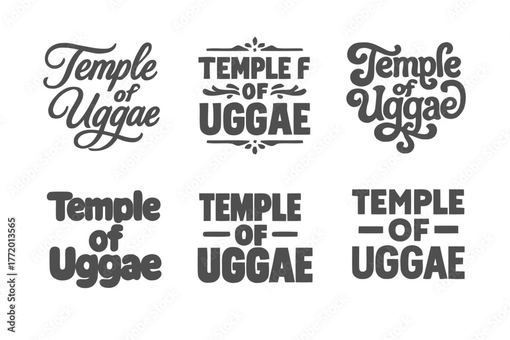 Obraz premium Uggae Temple Lettering Variations. Temple of Uggae. Set lettering. harmonious lettering variations of the same emblematic concept, each with different artistic