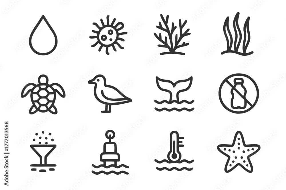 Fototapeta premium Ocean Health Icons. Ocean Health. Line icon set of Ocean Health: clean water droplet, plankton icon, coral branch, seagrass bed, sea turtle, seabird, whale