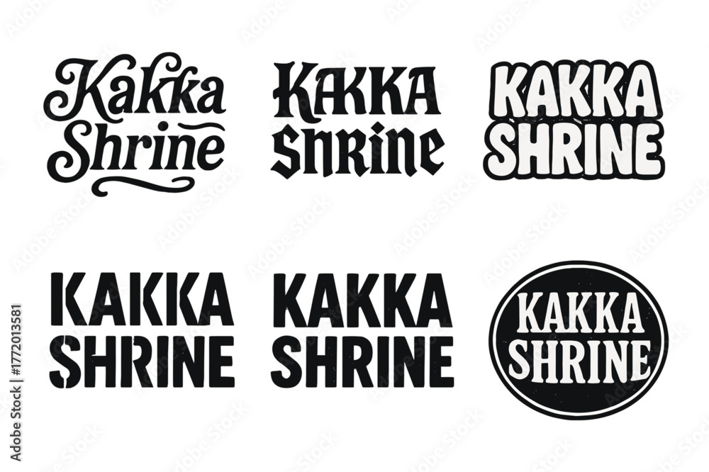 Fototapeta premium Diverse Lettering Styles. Kakka Shrine. Set lettering. harmonious lettering variations of the same emblematic concept, each with different artistic