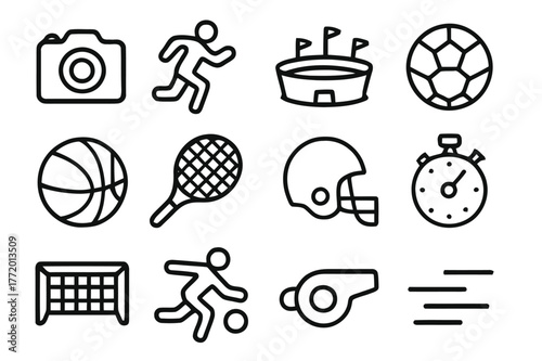 Sports Icon Set. Sports event capture. Line icon set of sports event capture: camera, athlete running, stadium, soccer ball, basketball, tennis racket,