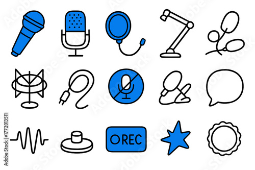 Microphone Icon Set. Microphone icon set. Hand-drawn doodle illustration microphone icon set dynamic mic (accented), condenser mic (accented), pop filter, boom