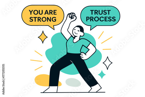Empowering Affirmations Art. Positive Affirmations. Floating text bubbles read ?you are strong?, ?trust the process?. Minimal figure radiates confidence