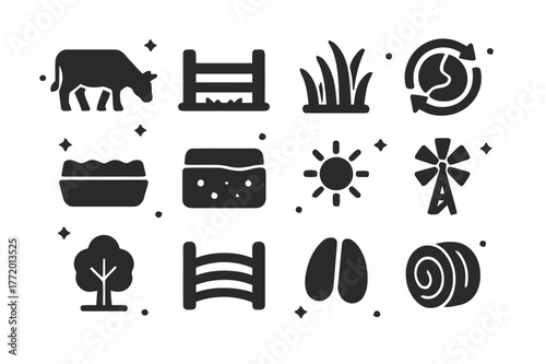Holistic Grazing Icons. Holistic Grazing. Solid icons set of Holistic Grazing: grazing cow, pasture fence, grass blades, rotation map, water trough, soil
